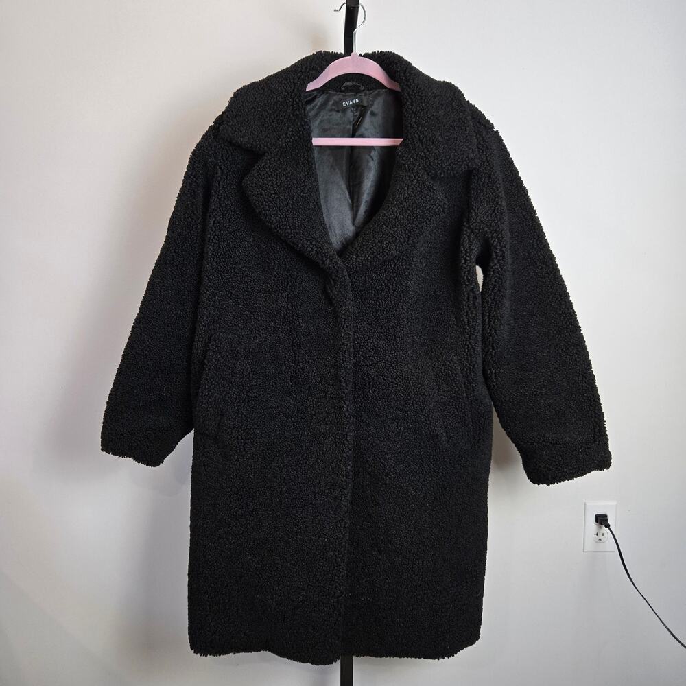 Evans Womens Black Teddy Coat Faux Fur Borg Snap Front Mid-Length Jacket US 12